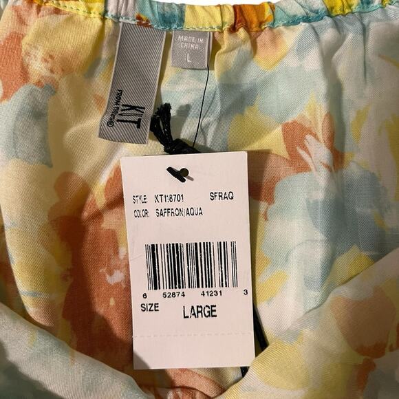 NWT KUT FROM THE KLOTH scoop neck cropped smocked top in green/orange/white - L - Picture 4 of 9